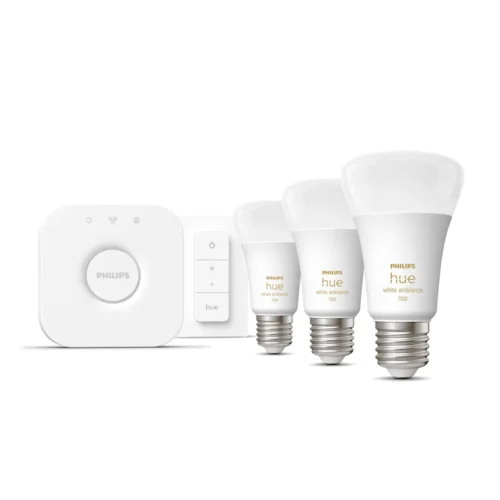Išmaniųjų LED lempučių rinkinys Philips Hue šiltai balta E27 11W 3vnt. + jungiklis + centralė - 2